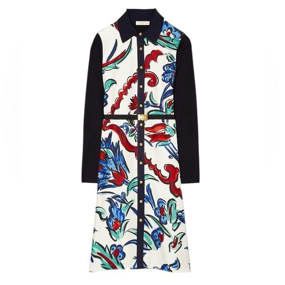 Tory Burch NWTS Silk Front Shirtdress Navy Blue Porcelain Thistle Sweater Back - Picture 1 of 10